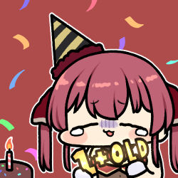 Rule 34 | 1girl, birthday cake, blush, cake, chibi, closed eyes, covered navel, cropped jacket, food, hair ribbon, hat, hololive, houshou marine, jacket, jazz jack, leotard, leotard under clothes, long hair, lowres, open mouth, party hat, red hair, red jacket, red ribbon, ribbon, see-through, see-through leotard, shirt, sleeveless, sleeveless jacket, solo, tears, twintails, virtual youtuber, white shirt