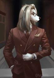 Rule 34 | 1boy, adjusting clothes, aggressive retsuko, artist name, brown suit, dog, formal, furrholic, furry, furry male, glasses, hand in pocket, himuro (aggretsuko), indoors, looking to the side, male focus, pocket square, solo, standing, suit, watch, white hair, wristwatch