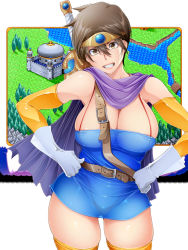 Rule 34 | 1girl, aratama (a-tama), bare shoulders, breasts, brown eyes, brown hair, cleavage, dragon quest, dragon quest iii, dress, grin, large breasts, looking at viewer, roto (dq3), short dress, short hair, smile, solo, square enix, standing