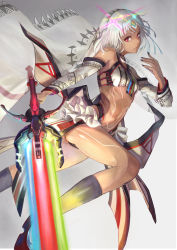 Rule 34 | 10s, 1girl, absurdres, altera (fate), ass, bare shoulders, black legwear, black nails, closed mouth, commentary request, dark skin, dark-skinned female, detached sleeves, fate/extella, fate/extra, fate/grand order, fate (series), from side, glowing, glowing sword, glowing weapon, highres, holding, holding sword, holding weapon, lard (kumazakiyuta), looking at viewer, looking to the side, midriff, nail polish, navel, photon ray (fate), red eyes, short hair, solo, sparkle, sword, tattoo, veil, weapon, white hair