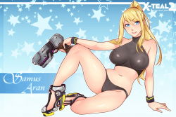 Rule 34 | 1girl, arm support, artist name, bare shoulders, black panties, blonde hair, blue background, blue eyes, breasts, breasts apart, character name, closed mouth, covered erect nipples, crop top, full body, gradient background, groin, gun, hair between eyes, halterneck, handgun, high heels, high ponytail, hip focus, holding, holding gun, holding weapon, impossible clothes, knee up, large breasts, light smile, lips, long hair, looking at viewer, metroid, mole, mole under eye, mole under mouth, navel, neon trim, nintendo, no pants, panties, ponytail, reclining, samus aran, see-through, sidelocks, sitting, skin tight, smile, solo, sports bra, star (symbol), starry background, stomach, super metroid, super smash bros., trigger discipline, turtleneck, underwear, underwear only, watermark, weapon, web address, wristband, x-t3al