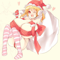 Rule 34 | 1girl, blonde hair, bow, breasts, christmas, cleavage, earmuffs, gigantic breasts, goban, hat, one eye closed, original, red eyes, sack, santa hat, short hair, short twintails, smile, solo, striped clothes, striped thighhighs, thighhighs, twintails, wink