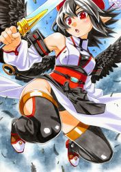 Rule 34 | 1girl, :o, armpits, bird wings, black hair, blush, boots, detached sleeves, feathers, hat, high collar, highres, kawachi koorogi, kourindou tengu costume, looking at viewer, obi, open mouth, pointy ears, pom pom (clothes), red eyes, sash, shameimaru aya, short hair, solo, sword, thigh boots, thighhighs, tokin hat, touhou, weapon, wings