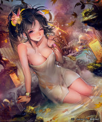 Rule 34 | 1girl, arm support, black hair, blurry, bow, bracelet, breasts, cleavage, depth of field, dutch angle, evening, fence, floral print, hair bow, hair ornament, jewelry, large breasts, leaf, liduke, lips, looking at viewer, maple leaf, naked towel, one eye closed, onsen, outdoors, parted lips, partially submerged, ponytail, purple eyes, red eyes, sengoku saga, sidelocks, smile, solo, towel, tree, wet, wooden fence