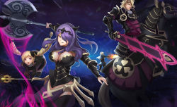 Rule 34 | 2boys, 2girls, armor, attack, axe, battle axe, black armor, black footwear, black panties, blonde hair, blue background, boots, breasts, brother and sister, brothers, camilla (fire emblem), capelet, cleavage, corset, dark background, earrings, elise (fire emblem), energy, family, fire, fire emblem, fire emblem fates, gauntlets, hair ribbon, highres, holding, holding weapon, horse, horseback riding, jewelry, large breasts, leo (fire emblem), licking lips, lips, long hair, looking at viewer, multiple boys, multiple girls, naxu, nintendo, panties, purple eyes, purple hair, ribbon, riding, serious, short hair, siblings, sisters, staff, sword, thigh boots, thighhighs, tiara, tongue, tongue out, twintails, underwear, vambraces, very long hair, wavy hair, weapon, xander (fire emblem)