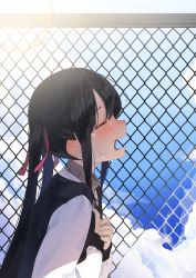 Rule 34 | 1girl, absurdres, black hair, black jacket, blush, chain-link fence, closed eyes, commentary request, crying, day, fence, from side, hair ribbon, hands up, highres, huge filesize, jacket, kimyo, lens flare, letterman jacket, long hair, long sleeves, nose blush, open mouth, original, outdoors, own hands together, profile, red ribbon, ribbon, sleeves past wrists, solo, tears, turtleneck, twintails, upper body, very long hair