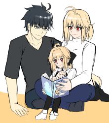Rule 34 | 1boy, 2girls, ahoge, antenna hair, arcueid brunestud, black hair, black ribbon, blonde hair, breasts, couple, family, father and daughter, grey eyes, hair intakes, highres, husband and wife, if they mated, long hair, long skirt, long sleeves, medium breasts, mother and daughter, multiple girls, no 01r, ponytail, red eyes, ribbon, short hair, short sleeves, skirt, smile, sweater, tohno shiki, tsukihime, tsukihime (remake), turtleneck, white sweater