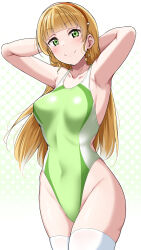 Rule 34 | 1girl, armpits, arms behind head, arms up, blonde hair, blunt bangs, breasts, closed mouth, collarbone, competition swimsuit, covered navel, green eyes, green one-piece swimsuit, groin, hairband, heanna sumire, highleg, highleg swimsuit, highres, long hair, love live!, love live! superstar!!, medium breasts, one-piece swimsuit, orange hairband, polka dot, polka dot background, sidelocks, smile, solo, swimsuit, thighhighs, thighs, white thighhighs, yopparai oni