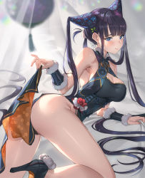 Rule 34 | 1girl, bare shoulders, black dress, blue eyes, blunt bangs, blush, breasts, china dress, chinese clothes, cleavage, detached sleeves, dress, fate/grand order, fate (series), hair ornament, highres, large breasts, leaf hair ornament, long hair, looking at viewer, medium breasts, mhk (mechamania), purple hair, sidelocks, solo, thighs, twintails, very long hair, yang guifei (fate), yang guifei (second ascension) (fate)