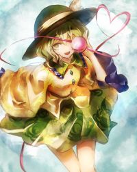 Rule 34 | 1girl, blue background, covering privates, covering one eye, eyeball, floral print, green eyes, green hair, hat, hat ribbon, heart, heart of string, highres, komeiji koishi, kozou (soumuden), long sleeves, looking at viewer, matching hair/eyes, open mouth, ribbon, shirt, short hair, simple background, skirt, smile, solo, string, third eye, touhou, wide sleeves