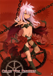 Rule 34 | 1girl, absurdres, boots, cape, character name, chloe von einzbern, dark-skinned female, dark skin, fate/kaleid liner prisma illya, fate (series), flat chest, full body, gears, highres, hisagiyuu, knee boots, long hair, looking at viewer, midriff, navel, outstretched arm, pink hair, red background, scan, short shorts, shorts, simple background, solo, tattoo, waist cape, yellow eyes