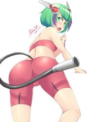 Rule 34 | 10s, 1girl, 2016, absurdres, android, aori sora, ass, bandeau, bare shoulders, bike shorts, black hair, blush, cable, cable tail, dated, dimension w, from behind, from below, green eyes, green hair, highres, looking at viewer, looking back, matching hair/eyes, mechanical tail, multicolored hair, open mouth, robot ears, short hair, signature, simple background, solo, streaked hair, tail, two-tone hair, white background, yurizaki mira
