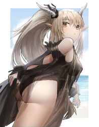 Rule 34 | 1girl, absurdres, arknights, ass, bare shoulders, black one-piece swimsuit, blonde hair, blue sky, blush, border, breasts, casual one-piece swimsuit, closed mouth, cowboy shot, detached sleeves, from behind, highres, horn/wood, horns, large breasts, long hair, long sleeves, looking at viewer, looking back, ocean, official alternate costume, one-piece swimsuit, orange eyes, outdoors, outside border, pointy ears, see-through, shining (arknights), shining (silent night) (arknights), sidelocks, sky, solo, swimsuit, swimsuit cover-up, thighs, very long hair, white border