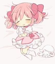 Rule 34 | 1girl, absurdres, bow, closed eyes, commentary request, full body, gloves, hair bow, highres, hitode, kaname madoka, kyubey, magical girl, mahou shoujo madoka magica, pink bow, pink hair, short hair, short sleeves, short twintails, sleeping, twintails, white gloves