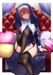 Rule 34 | 1girl, absurdres, black socks, border, breasts, couch, garter belt, heart, highres, hololive, houshou marine, houshou marine (nun), kneehighs, large breasts, leg up, long hair, nun, open mouth, pillow, red eyes, red hair, sitting, socks, solo, thighs, tufang, virtual youtuber, white border