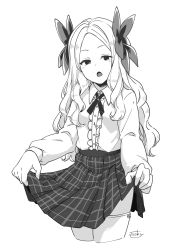 Rule 34 | 1girl, alternate costume, asakaze (kancolle), bow, cropped legs, frilled shirt, frills, fujinoki (horonabe-ken), greyscale, hair bow, kantai collection, long hair, long sleeves, monochrome, open mouth, plaid, plaid skirt, shirt, signature, simple background, skirt, skirt hold, solo, thighhighs, wavy hair