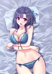 Rule 34 | 1girl, absurdres, asymmetrical bangs, bare arms, bare shoulders, bed sheet, blue bra, blue hair, blue panties, blush, bow, bowtie, bra, breasts, cleavage, collarbone, hair bow, highres, kantai collection, large breasts, lingerie, looking at viewer, lying, medium hair, navel, on back, open mouth, panties, pillow, purple eyes, scan, skindentation, solo, stomach, takao (kancolle), underwear, yahako