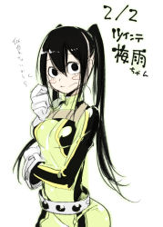 Rule 34 | 10s, 1girl, :&gt;, alternate hairstyle, asui tsuyu, bad id, bad pixiv id, belt, belt skirt, black eyes, black hair, blush, blush stickers, bodysuit, boku no hero academia, breasts, character name, cowboy shot, dated, from side, gloves, hair between eyes, twirling hair, hand on own stomach, highres, long hair, looking at viewer, sidelocks, simple background, sketch, small breasts, solo, studded belt, turtleneck, twintails, twintails day, very long hair, white background, white gloves, z-ton