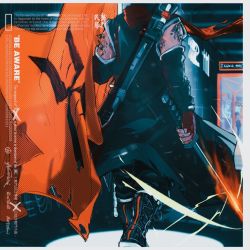 Rule 34 | 1boy, arknights, black footwear, commentary request, english text, flag, gameplay mechanics, holding, holding flag, logo, material growth, orange scarf, originium (arknights), oripathy lesion (arknights), reunion logo (arknights), scarf, sword, weapon