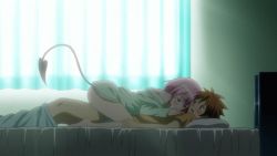 Rule 34 | 10s, 1boy, 1girl, animated, animated gif, bare shoulders, bed, bed sheet, bedroom, blush, demon tail, girl on top, lowres, momo velia deviluke, morning, panties, pink hair, sexually suggestive, shirt, tail, to love-ru, to love-ru darkness, underwear, window, yuuki rito