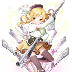 Rule 34 | 10s, 1girl, arm warmers, beret, blonde hair, breasts, corset, cyber agent, detached sleeves, drill hair, fingerless gloves, gloves, gun, hair ornament, hat, large breasts, magical girl, magical musket, mahou shoujo madoka magica, mahou shoujo madoka magica (anime), miniskirt, skirt, smile, solo, striped clothes, striped thighhighs, thighhighs, tomoe mami, twin drills, uchi no hime-sama ga ichiban kawaii, vertical-striped clothes, vertical-striped thighhighs, weapon, yellow eyes, zettai ryouiki