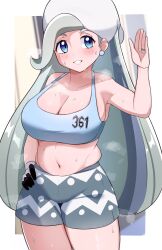 Rule 34 | 1girl, absurdres, adapted costume, blue eyes, blush, breasts, cleavage, collarbone, commentary, commission, cowboy shot, creatures (company), earrings, eyelashes, game freak, gloves, grey hair, hand on own hip, hand up, hat, highres, jewelry, large breasts, long hair, mature female, melony (pokemon), navel, nintendo, nokmaaa, pokemon, pokemon swsh, ring, short shorts, shorts, single glove, smile, solo, sports bra, sportswear, steam, sweat, white hat