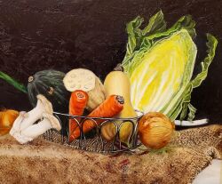 Rule 34 | bowl, cabbage, carrot, food, highres, mizukiteiko8, mushroom, no humans, onion, original, painting (medium), pumpkin, realistic, still life, traditional media, watercolor (medium)