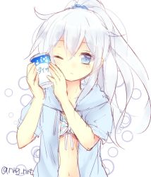 Rule 34 | 10s, 1girl, alternate costume, alternate hairstyle, blue eyes, can, drink can, hibiki (kancolle), kantai collection, komachi narota, one eye closed, ponytail, silver hair, sketch, soda can, solo, swimsuit, swimsuit under clothes, twitter username