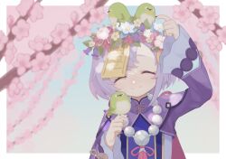 Rule 34 | 1girl, 750x077, animal, bead necklace, beads, bellflower, bird, blurry, blurry background, blush, bow, branch, cherry blossoms, closed eyes, closed mouth, coin hair ornament, dress, flower, genshin impact, hair flower, hair ornament, hat, highres, holding, holding animal, holding bird, jewelry, jiangshi, light smile, long hair, long sleeves, looking at viewer, necklace, ofuda, outdoors, petals, pink flower, purple eyes, purple hair, qingdai guanmao, qiqi (genshin impact), ribbon, short hair, smile, solo, tree, upper body, wide sleeves