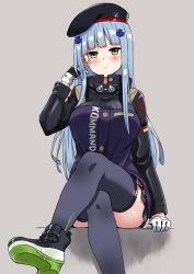 Rule 34 | 1girl, arm support, beret, blue hair, blunt bangs, blush stickers, breasts, crossed legs, german flag, girls&#039; frontline, gloves, green eyes, grey background, hair ornament, hand in own hair, hat, highres, hk416 (girls&#039; frontline), large breasts, long hair, looking at viewer, miniskirt, shinatsukou, shoes, simple background, sitting, skirt, solo, teardrop tattoo, thighhighs, zettai ryouiki