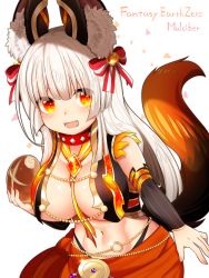 Rule 34 | 1girl, animal ear fluff, animal ears, bell, bow, breasts, cleavage, collar, fantasy earth zero, fox ears, fox tail, hair bow, large breasts, long hair, looking at viewer, mofuaki, navel, red bow, red eyes, solo, tail, white hair