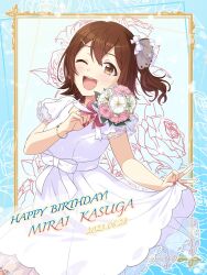 Rule 34 | 1girl, bouquet, bow, brown eyes, brown hair, character name, dated, dress, dress bow, flower, hair ornament, hairclip, happy birthday, highres, idolmaster, idolmaster million live!, kasuga mirai, lace, lace-trimmed dress, lace trim, one eye closed, one side up, open mouth, pink nails, shiro (ongrokm), short hair, smile, solo, white bow, white dress