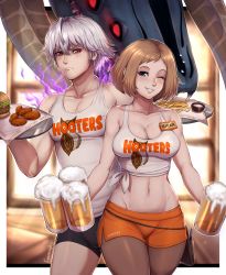 Rule 34 | 1boy, 1girl, absurdres, annoyed, aura, bad id, bad tumblr id, beer mug, black shorts, blue eyes, blush, breasts, brown hair, brown pantyhose, burger, cleavage, closed mouth, collarbone, crop top, cup, evomanaphy, fire emblem, food, freckles, grima (fire emblem), grin, highres, holding, holding cup, holding tray, hooters, kiran (female) (fire emblem), kiran (fire emblem), kiran (fire emblem) (female), large breasts, large pectorals, looking at viewer, mug, name tag, navel, nintendo, one eye closed, orange shorts, pantyhose, pantyhose under shorts, parted lips, pectorals, red eyes, robin (fire emblem), robin (male) (fire emblem), short hair, short shorts, shorts, smile, tank top, teeth, tray, white hair