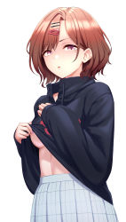 Rule 34 | 1girl, areola slip, black shirt, blush, breasts, brown hair, clothes lift, commentary request, hair ornament, hairclip, highres, higuchi madoka, idolmaster, idolmaster shiny colors, medium breasts, mole, mole under eye, nail polish, no bra, pleated skirt, purple eyes, purple nails, shirt, shirt lift, short hair, sigma rio, simple background, skirt, solo, standing, sweater, sweater lift, sweater, underboob, white background, white skirt