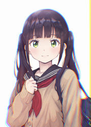 Rule 34 | 1girl, bad id, bad pixiv id, bag, black hair, black sailor collar, blunt bangs, blush, brown cardigan, cardigan, chromatic aberration, closed mouth, collarbone, green eyes, haaam, highres, long hair, looking at viewer, neckerchief, original, red neckerchief, sailor collar, school bag, school uniform, serafuku, smile, solo, twintails, upper body