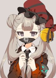 Rule 34 | 1girl, armband, black necktie, blonde hair, brown jacket, collared shirt, commentary request, double bun, e.g.o (project moon), employee (project moon), frilled hat, frills, grey background, grey eyes, hair bun, hat, hat bell, hat ribbon, highres, hoshizuki sakusa, jacket, lobotomy corporation, long hair, long sleeves, looking at viewer, necktie, project moon, red hat, ribbon, shirt, simple background, solo, sparkling eyes, upper body, white shirt