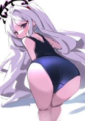 Rule 34 | 1girl, 36kypop, ass, ass focus, blue archive, hina (blue archive), horns, long hair, looking at viewer, looking back, one-piece swimsuit, purple eyes, sidelocks, swimsuit, white background, white hair