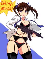 Rule 34 | 1girl, black bra, black garter belt, black panties, black thighhighs, blue necktie, blue ribbon, bow, bow bra, bow panties, bra, breasts, brown hair, cleavage, collarbone, commentary request, garter belt, gun, hair ribbon, holding, holding gun, holding weapon, kamisimo 90, lace-trimmed garter belt, lace trim, lingerie, looking at viewer, medium breasts, navel, necktie, open clothes, open shirt, original, panties, panties over garter belt, purple eyes, ribbon, shirt, solo, standing, thighhighs, thighs, twintails, underwear, weapon, white shirt