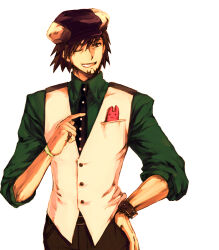 Rule 34 | 1boy, black pants, facial hair, goatee, green shirt, hand on own hip, hat, kaburagi t. kotetsu, male focus, one eye closed, onimaru gonpei, pants, parted lips, pointing, shirt, simple background, smile, solo, teeth, tiger &amp; bunny, watch, white background, wristwatch