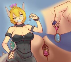 Rule 34 | 2girls, between breasts, blonde hair, bowsette, bracelet, breast hold, breasts, cage, cleavage, close-up, collar, crown, depressed, giant, giantess, giga bowser, grin, hand on own hip, horns, jewelry, kononokoniko, large breasts, mario (series), multiple girls, nintendo, person between breasts, princess peach, shell, smile, spikes, super crown, super smash bros.