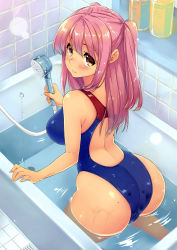 Rule 34 | 1girl, absurdres, ass, bare shoulders, bathtub, blush, breasts, brown eyes, competition swimsuit, highres, kekocha, kneeling, large breasts, long hair, looking at viewer, looking back, mole, mole on ass, one-piece swimsuit, original, partially submerged, pink hair, scan, shower head, smile, solo, swimsuit, two side up, water, wet
