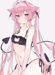 Rule 34 | 1girl, :t, absurdres, ahoge, animal ears, between legs, black bra, black panties, blush, bra, breasts, cat cutout, cat ears, cat lingerie, cleavage, clothing cutout, commentary, covering crotch, covering privates, demon girl, demon tail, hair flowing over, hair intakes, hand between legs, highres, long hair, low wings, meme attire, navel, original, otintin, panties, pink hair, pointy ears, side-tie panties, small breasts, solo, sweatdrop, symbol-only commentary, tail, twintails, underwear, underwear only, very long hair, wings