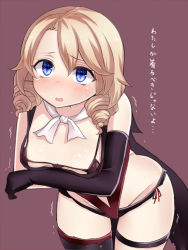 Rule 34 | 1girl, blonde hair, blue eyes, blush, breasts, brown background, commentary request, covering privates, covering breasts, drill hair, elbow gloves, gloves, hair between eyes, highres, leaning forward, neck ribbon, neit ni sei, open mouth, original, ribbon, single elbow glove, single thighhigh, small breasts, solo, sweat, thighhighs, thighs, translated, trembling, twin drills