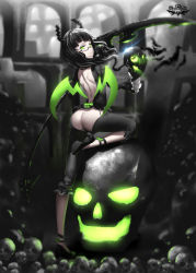 Rule 34 | 10s, 1girl, ass, ass cutout, backless outfit, black-framed eyewear, black hair, black rock shooter, bottomless, claws, clothing cutout, dead master, demon girl, demon horns, glowing, glowing eyes, green eyes, highres, hk (hk), horns, looking at viewer, no panties, pants, scythe, shirt, skull, solo, wings
