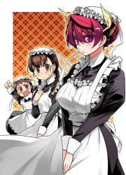 Rule 34 | 10s, 3girls, alternate costume, alternate hairstyle, apron, blush, braid, breasts, brown eyes, brown hair, demon girl, enmaided, frilled apron, frills, hair up, hat, horns, huge breasts, ishida akira, long hair, maid, maid ane (maoyuu), maid apron, maid imouto (maoyuu), maou (maoyuu), maoyuu maou yuusha, multiple girls, red eyes, red hair, ribbon, short hair, siblings, sisters, twin braids, v arms, wrist cuffs