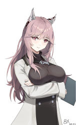 Rule 34 | 1girl, absurdres, animal ear fluff, animal ears, artist name, black skirt, blush, breasts, brown sweater, bx (zhileng yasuoji), closed mouth, crossed arms, dated, girls&#039; frontline, girls&#039; frontline neural cloud, highres, holding, holding notepad, large breasts, long hair, looking at viewer, notepad, persica (girls&#039; frontline), persicaria (neural cloud), pink eyes, pink hair, robe, skirt, smile, solo, standing, sweater, white background, white robe