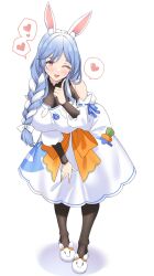 Rule 34 | 1girl, absurdres, animal ear fluff, animal ears, animal slippers, black bodysuit, black pantyhose, blue hair, blush, bodysuit, bodysuit under clothes, braid, braided ponytail, breasts, bunny slippers, carrot, dress, full body, hand to own mouth, heart, highres, hololive, index finger raised, leaning forward, long hair, looking at viewer, mature female, multicolored hair, one eye closed, open mouth, pantyhose, pekomama, rabbit ears, rabbit girl, red eyes, ribbon, shirokuma a, simple background, slippers, smile, solo, spoken heart, two-tone hair, virtual youtuber, white background, white dress, white footwear, white hair