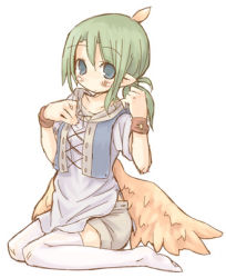 Rule 34 | 7010, blue eyes, green hair, lowres, pointy ears, ponytail, solo, thighhighs, wings