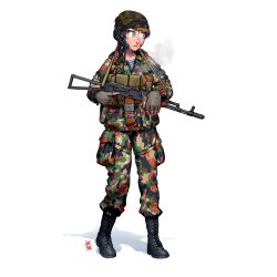 Rule 34 | 1girl, absurdres, ammunition pouch, assault rifle, bandaid, beanie, black footwear, blowing smoke, blue eyes, boots, braid, braided ponytail, brown hair, camouflage, camouflage headwear, camouflage jacket, camouflage pants, cigarette, combat boots, commentary, cross-laced footwear, english commentary, fingerless gloves, folding stock, full body, gloves, gun, gun sling, hair over shoulder, hat, headphones, headset, highres, holding, holding cigarette, holding gun, holding weapon, jacket, kalashnikov rifle, lace-up boots, load bearing vest, long hair, long sleeves, looking to the side, military, military uniform, open mouth, original, ostwindprojekt, pants, paratrooper, partially unzipped, pouch, rifle, russia, scar, scar on face, scar on nose, shirt, simple background, single braid, smoke, smoking, soldier, solo, soviet, soviet air force, soviet army, standing, striped clothes, striped shirt, telnyashka, trigger discipline, uniform, vdv, weapon, weapon request, white background, zipper