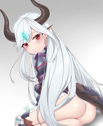 Rule 34 | 1girl, absurdres, armor, ass, blush, chym39, epic seven, from behind, gem, highres, horns, long hair, looking back, luna (epic seven), monster girl, pointy ears, red eyes, signature, solo, tail, white hair